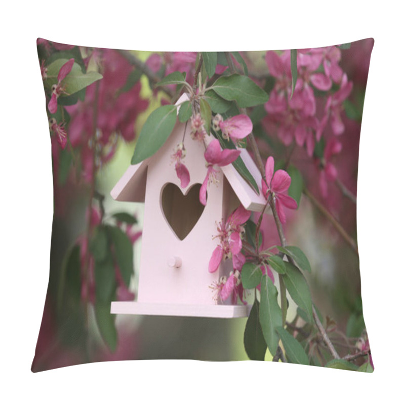 Personality  Wooden Bird House On Blossoming Tree Outdoors Pillow Covers