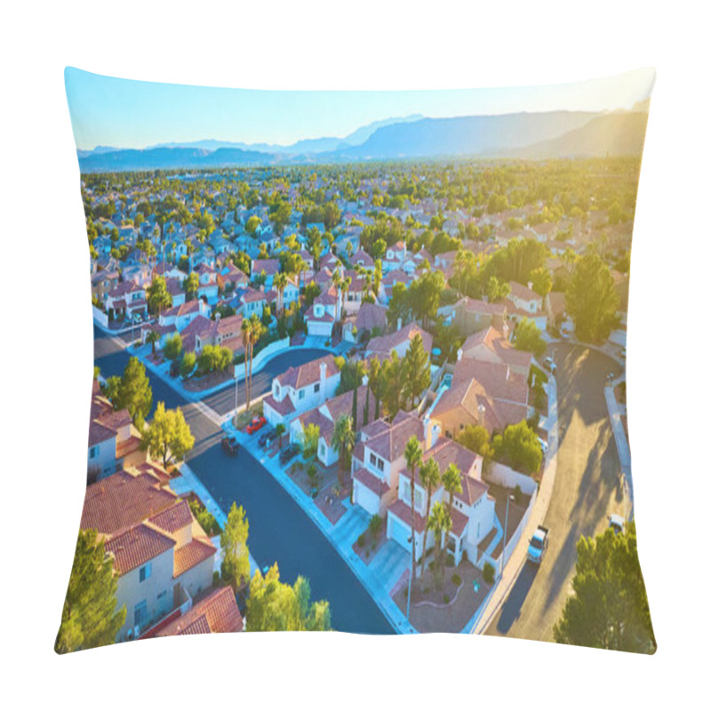 Personality  Aerial View Of A Tranquil Las Vegas Suburb: Neat Rows Of Red-tiled Homes, Green Gardens, And Majestic Distant Mountains Under The Golden Light. Perfect For Showcasing Peaceful Residential Living. Pillow Covers