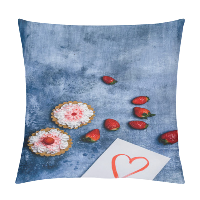 Personality  Top View Of Strawberries, Tarts And Greeting Card With Heart On Shabby Background For Valentines Day Pillow Covers