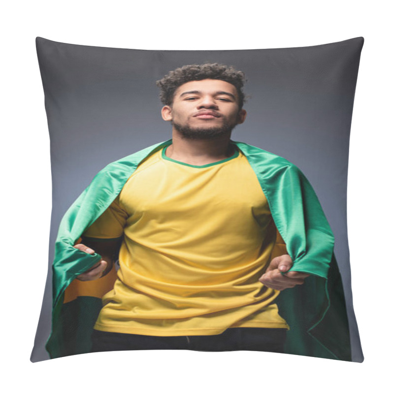 Personality  Proud African American Football Fan Wrapped In Brazilian Flag On Grey Pillow Covers