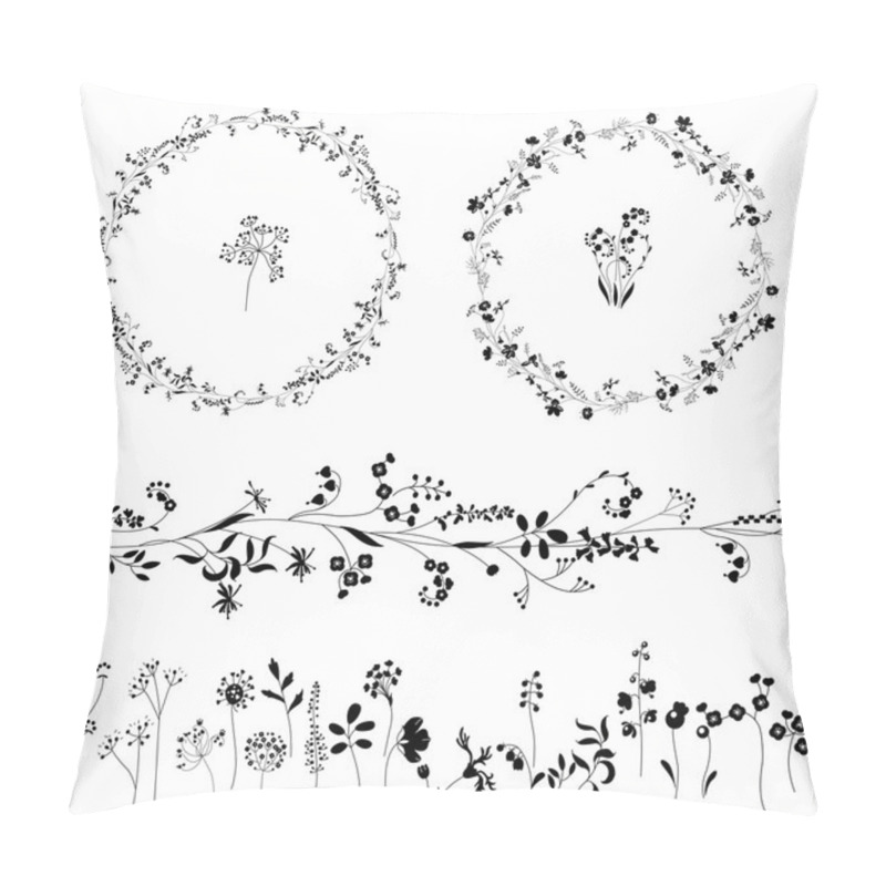 Personality  Floral Endless Pattern Brush Made Of  Different Plants.  Flowers For Romantic Design, Decoration,  Greeting Cards, Posters, Wedding Invitations, Advertisement. Round Frames Pillow Covers