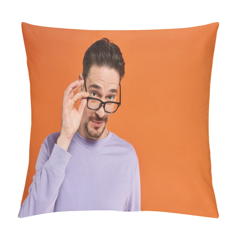 Personality  Bearded Man In Purple Sweatshirt Wearing Eyeglasses On Orange Background, Fashion Trends Pillow Covers