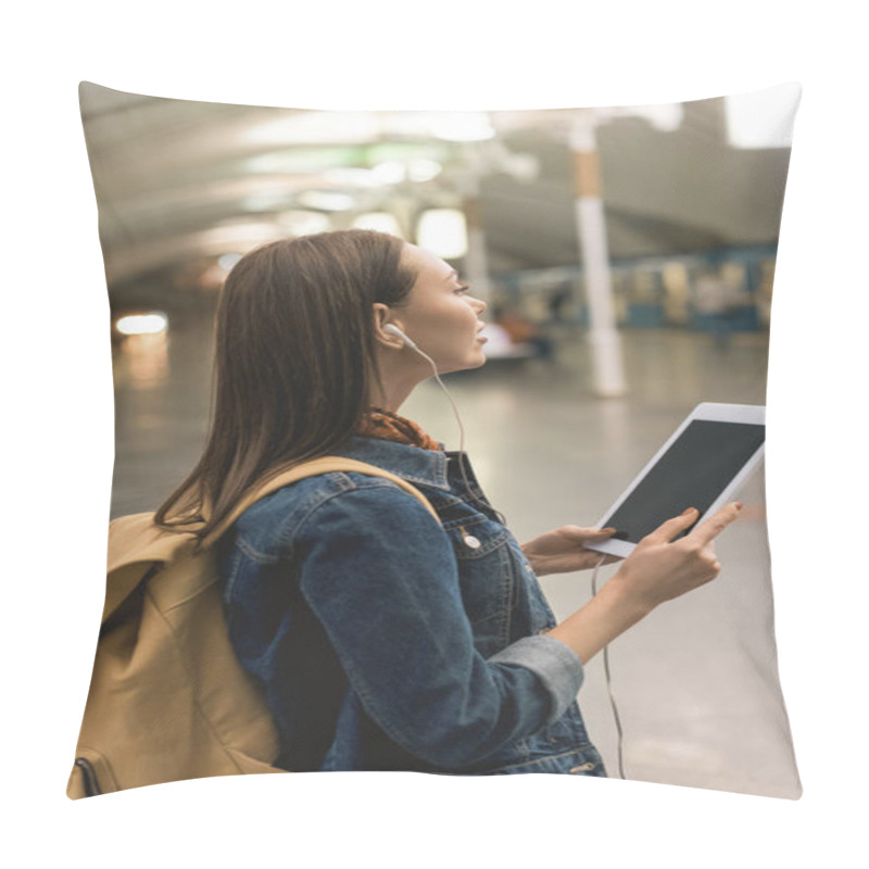 Personality  Stylish Woman With Earphones And Digital Tablet At Subway Station Pillow Covers