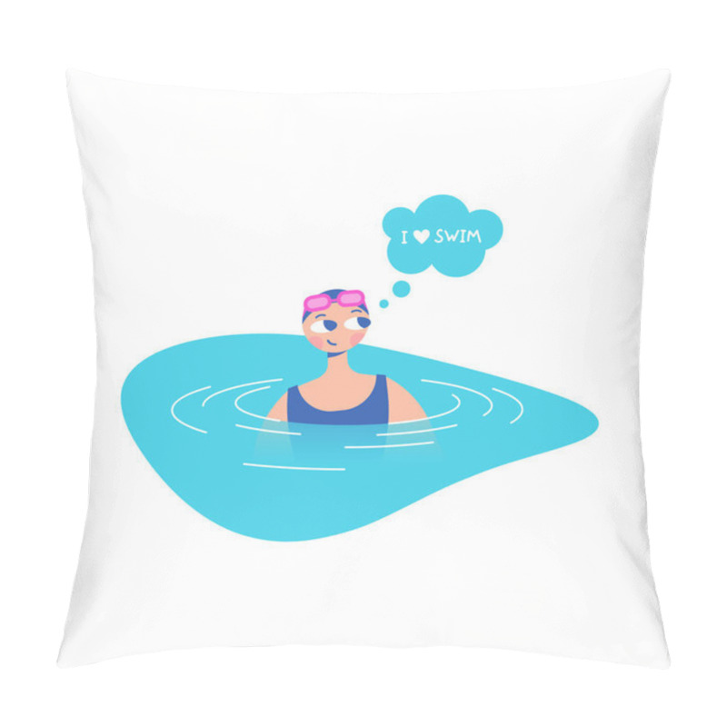 Personality  An Athlete Swimmer In A Swimsuit, Swimming Goggles And A Hat Is In The Water In The Pool. Bubble With The Text 