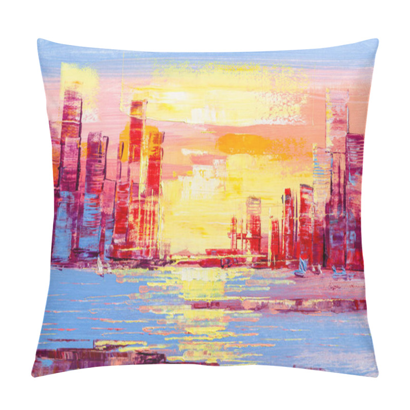 Personality  Megapolis Background With Buildings,red Skyscrapers.. Sun Over The City, Landscape Artwork In Contemporary Style. Pillow Covers