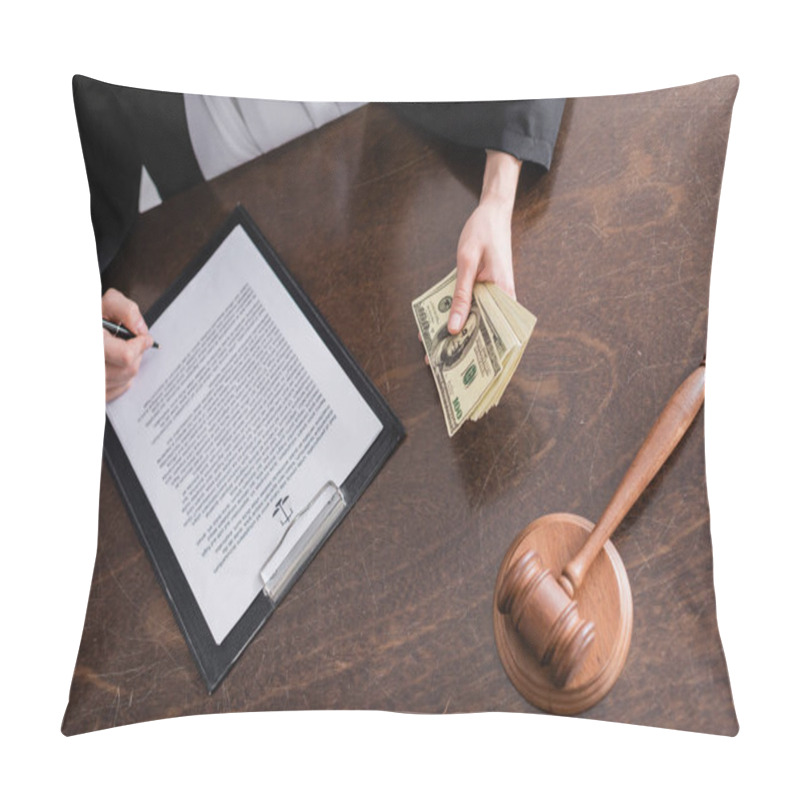 Personality  Partial View Of Judge With Dollar Banknotes Signing Verdict Near Wooden Gavel Pillow Covers