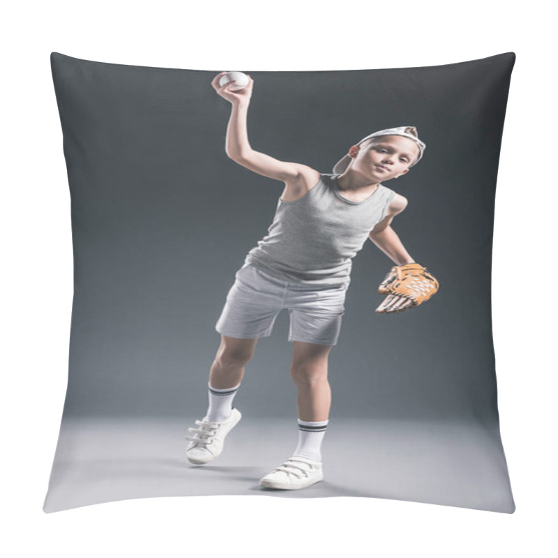 Personality  Preteen Boy In Cap With Baseball Glove Throwing Ball On Grey Backdrop Pillow Covers