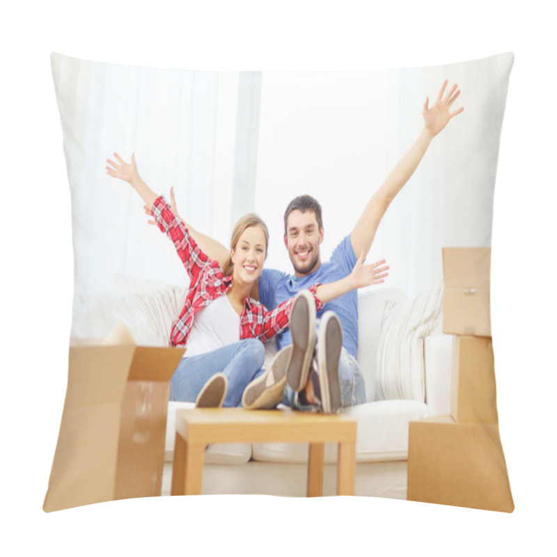 Personality  Smiling Couple Relaxing On Sofa In New Home Pillow Covers