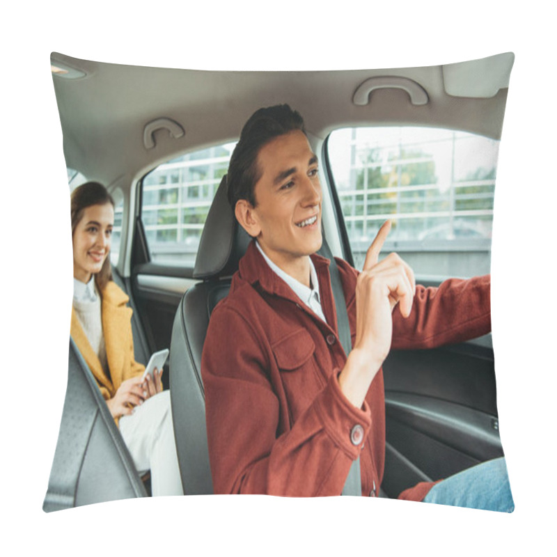 Personality  Smiling Taxi Driver And Passenger With Smartphone In Car Pillow Covers