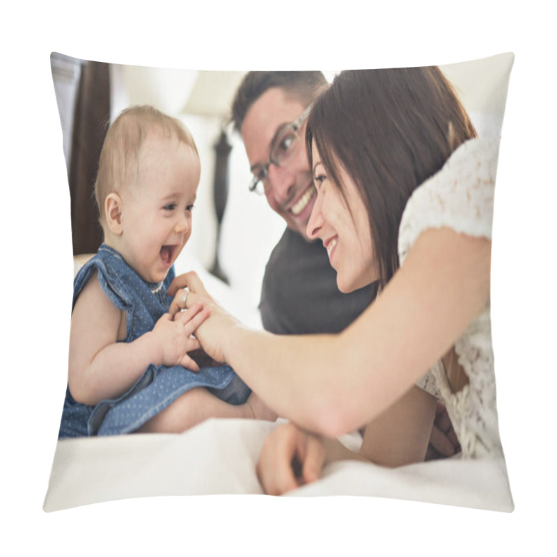 Personality  Happy Family Mother, Father And Baby At Home In Bed Pillow Covers