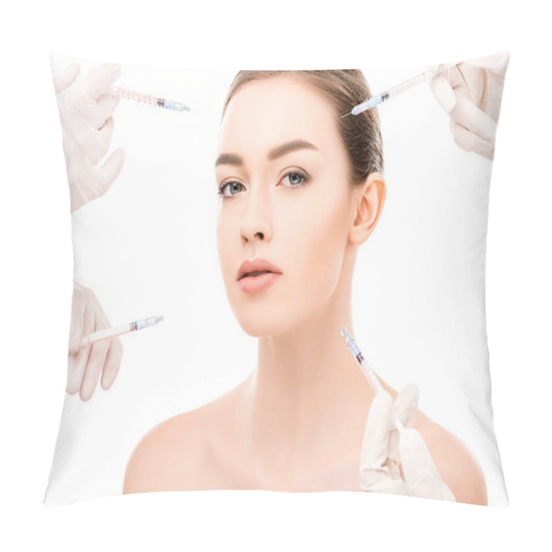 Personality  Attractive Girl With Perfect Skin Doing Beauty Injections, Isolated On White Pillow Covers