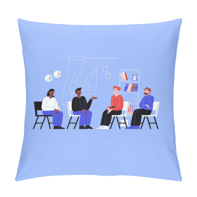 Personality  Different People Attending A Group Therapy Session. Conversation Between Four People In The Therapist Office Pillow Covers