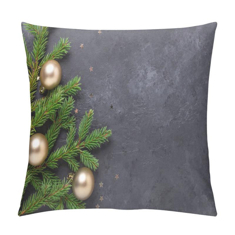 Personality  Christmas Background With Fir Tree And Golden Balls On Dark Stone Background. Top View Copy Space - Image Pillow Covers