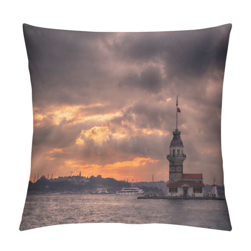 Personality  Maiden's Tower And Istanbul Landscape On A Cloudy Day With Changing Lights. Maiden's Tower Or Kiz Kulesi Located In The Middle Of Bosphorus, Istanbul In Turkey. Pillow Covers