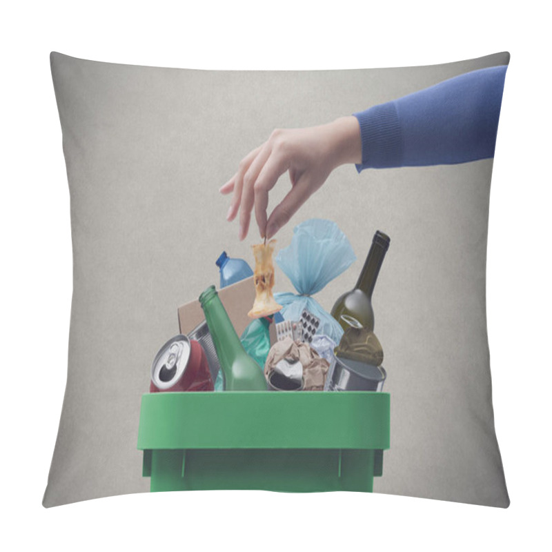 Personality  Woman Putting Food Leftovers In Undifferentiated Waste Bin, Improper Waste Management Concept Pillow Covers