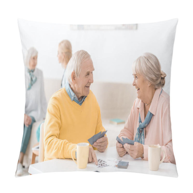 Personality  Happy Smiling Senior Couple Playing Cards At Table At Nursing Home Pillow Covers