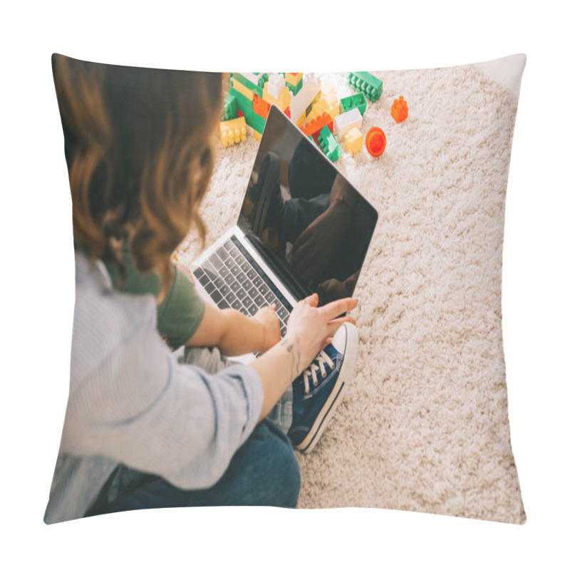 Personality  Cropped View Of Mother And Son Sitting On Carpet And Using Laptop Pillow Covers