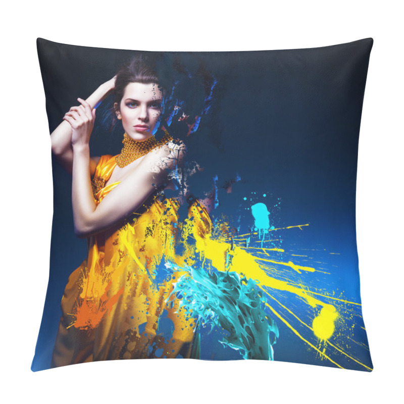 Personality  Sensual Sexy Woman In Long Yellow Dress And Splatter Pillow Covers