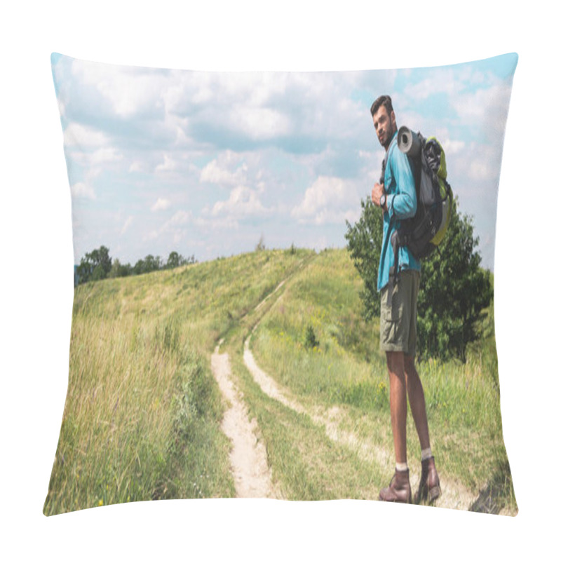 Personality  Traveler With Backpack Walking On Path On Green Meadow Pillow Covers