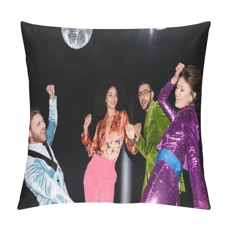 Personality  Stylish Interracial Friends Dancing In Night Club On Black Background Pillow Covers