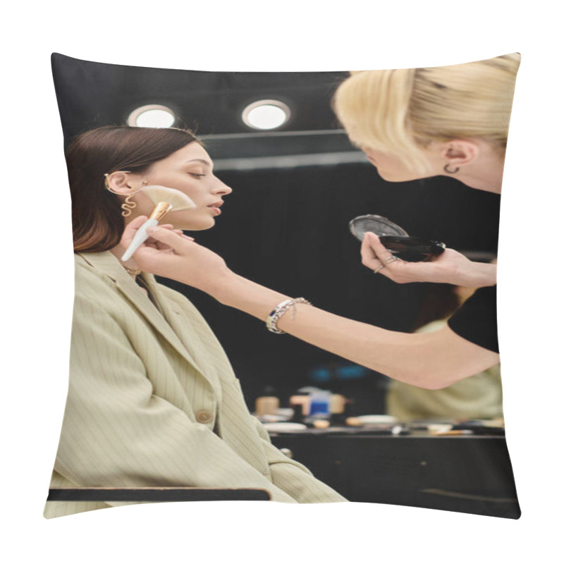 Personality  A Woman Enjoying Makeup Session With Stylist. Pillow Covers