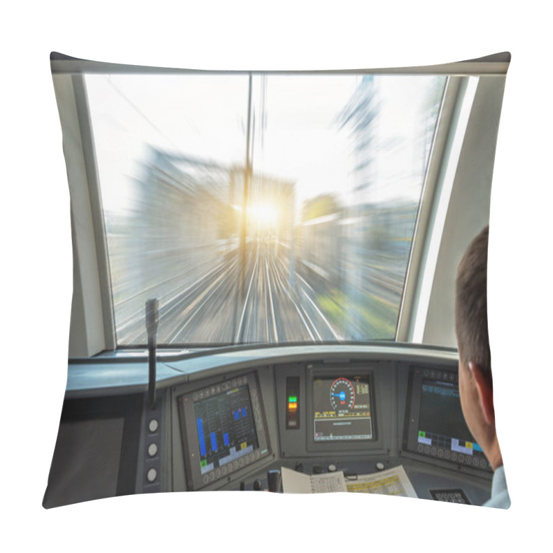 Personality  Train Driver At The Controls Cab Of Speed Passenger Train, View Of The Railway Bridge With The Effect Of Speed Motion Blur Pillow Covers