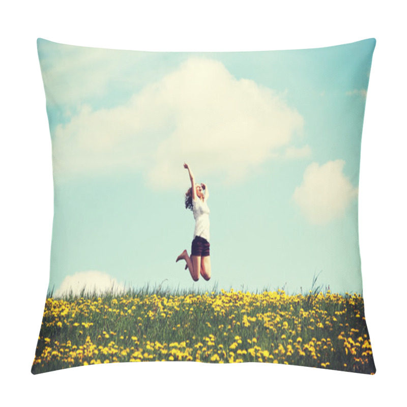 Personality  Woman Jumping On Blossom Meadow. Pillow Covers