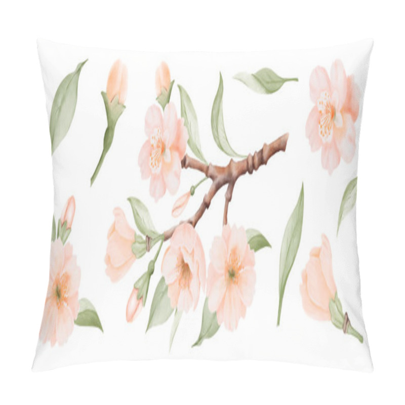 Personality  Spring Blossom Set, Branch And Isolated Peach Or Cherry Flowers And Leaves. Watercolor Hand Painted Botanical Illustration Isolated On A White Background. Perfect For Wedding Invitations, Greeting Pillow Covers