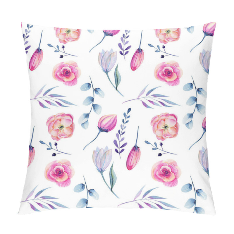 Personality  Watercolor Pink Peonies And Blue Branches Seamless Pattern, Hand Drawn On A White Background Pillow Covers