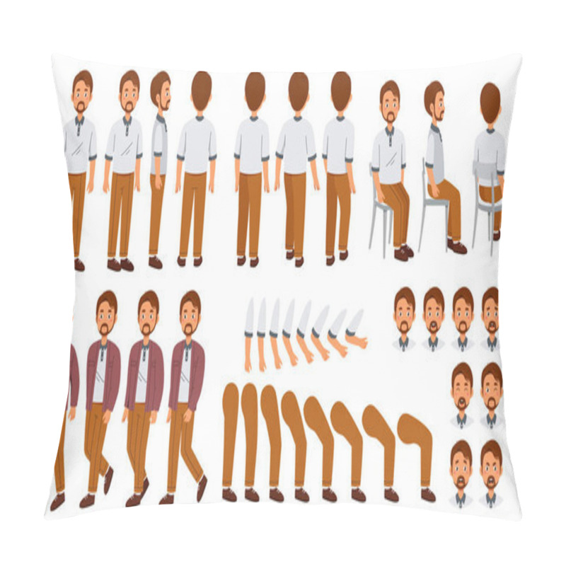 Personality  Character For Animation. Man Creation Set With Various Emotions, Poses, Gestures And Body Parts. Father Sits, Stands And Shows Grimaces. Cartoon Flat Vector Collection Isolated On White Background Pillow Covers