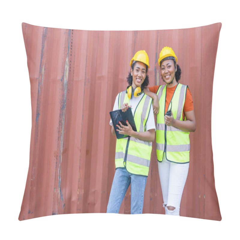 Personality  African Teen Black Woman Staff Worker Teamwork In Port Cargo Shipping Portait Happy Smile Pillow Covers