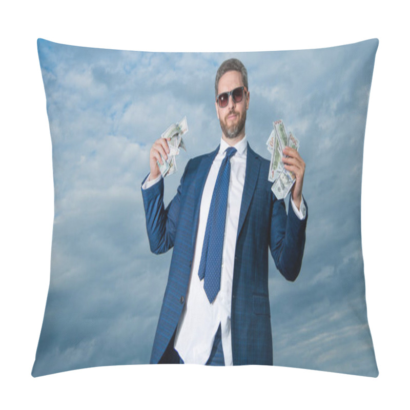 Personality  Riches Of Man With Money On Sky Background With Copy Space. Riches Of Man With Money Outdoor. Riches Of Man With Money In Suit. Riches Photo Of Man With Money. Pillow Covers