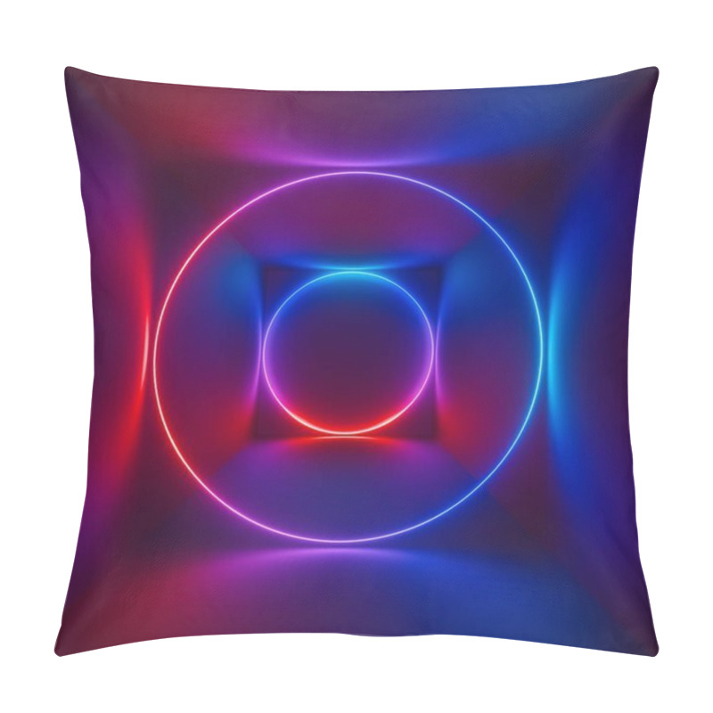 Personality  3d Rendering, Ultraviolet Spectrum, Glowing Rings, Circles, Circular Neon Lights, Abstract Psychedelic Square Background, Cubic Room, Corridor, Tunnel Perspective, Vibrant Colors Pillow Covers