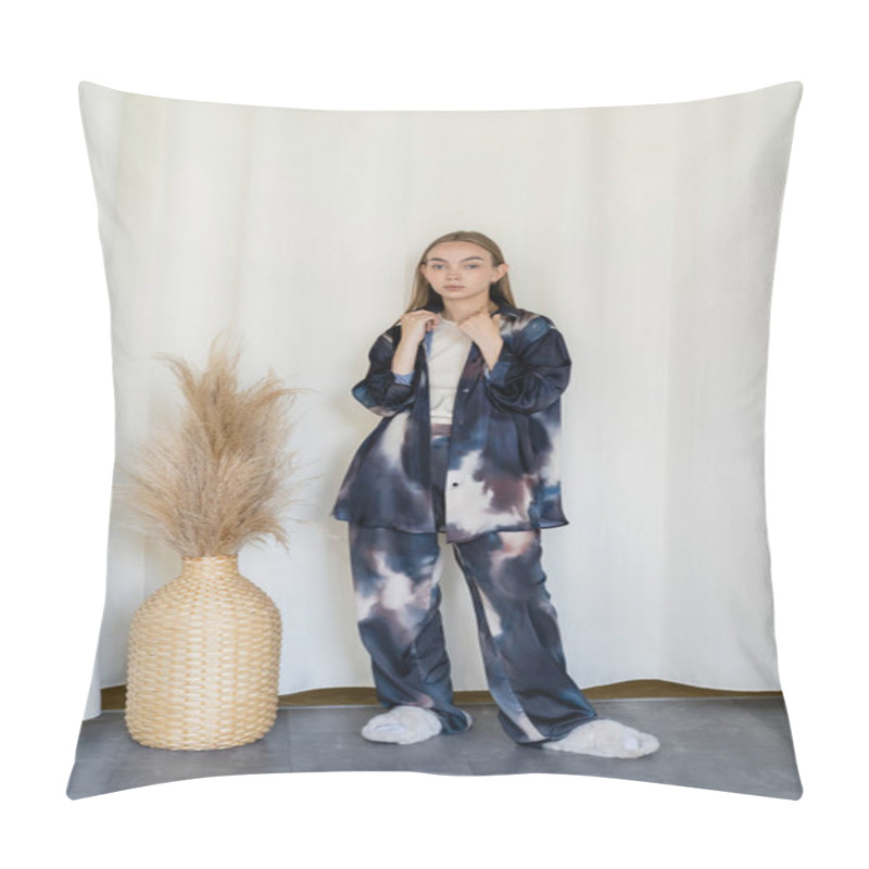 Personality  Full Length Of Woman In Trendy Oversize Clothes And Fluffy Slippers Near Spikelets In Wicker Vase On White Background Pillow Covers