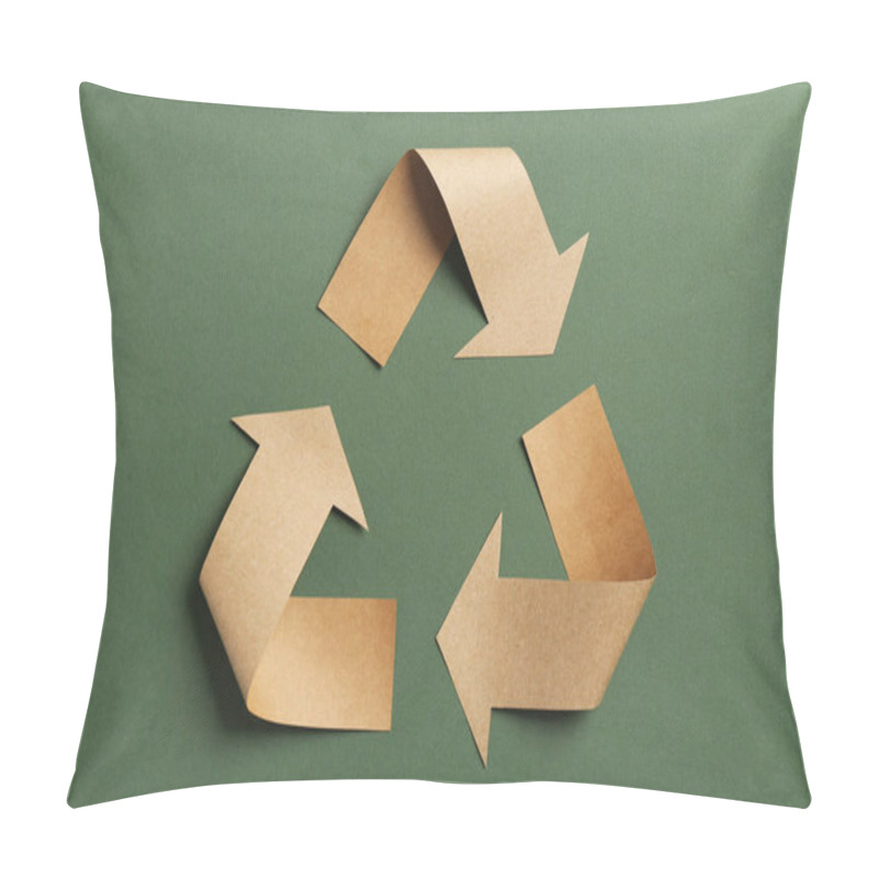 Personality  Recycling Symbol Cut Out Of Kraft Paper On Green Background, Top View Pillow Covers