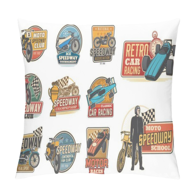 Personality  Speedway And Car Racing Retro Vector Icons, Sport Race Rally And Motorcycles. Speedway Races Club Badges And Emblems, Racer In Helmet, Motocross Racing Tournament And Championship Cup Signs Pillow Covers