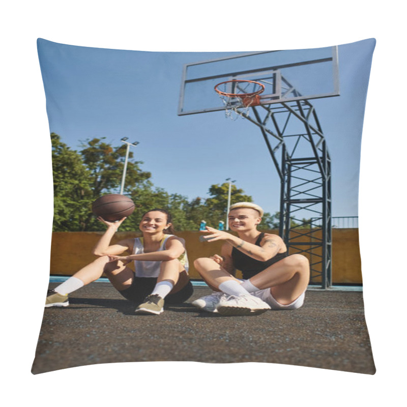 Personality  Two Young Women Enjoy A Game Of Basketball On The Ground In The Summer Sun. Pillow Covers