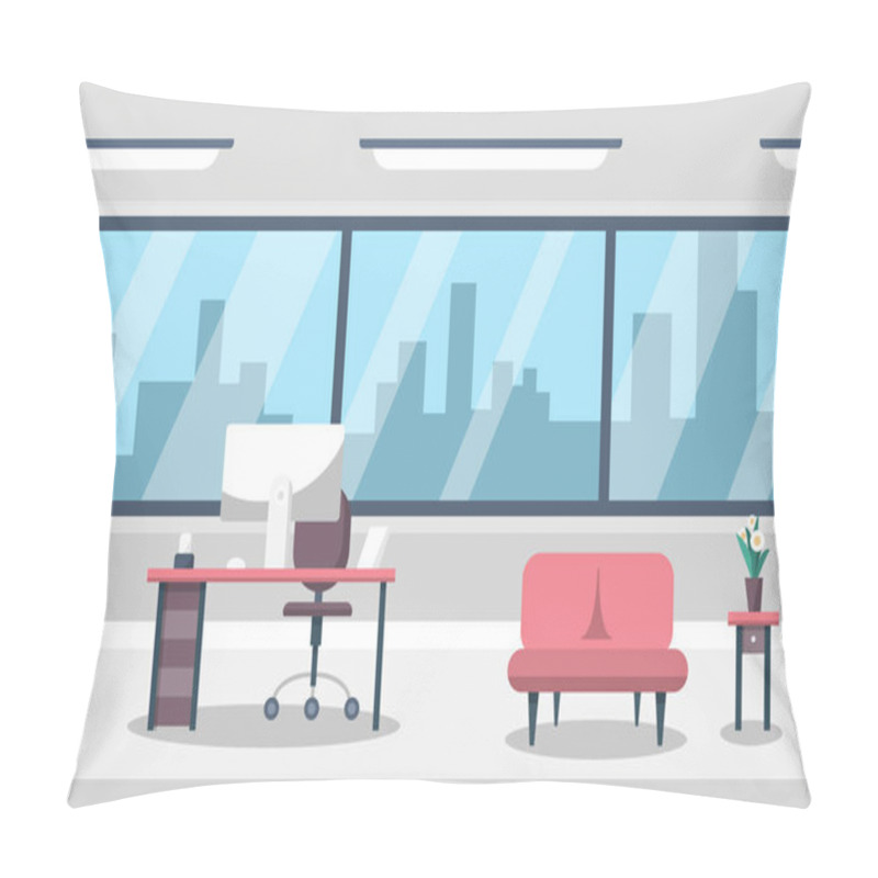 Personality  Empty Business Office Room With Computer On Table And Sofa. Vector Flat Design City View With Skyscrapers On Background. Pillow Covers