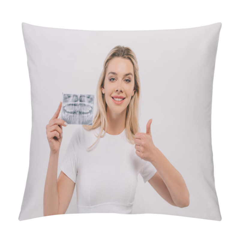 Personality  Beautiful Woman In T-shirt Holding Teeth X-ray, Showing Thumb Up And Looking At Camera Isolated On White Pillow Covers