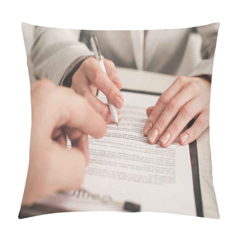 Personality  Selective Focus Of Realtor Pointing With Finger At Clipboard With Lettering Near Client  Pillow Covers