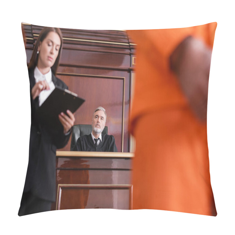 Personality  Prosecutor Looking At Clipboard Near Blurred Man And Senior Judge On Background Pillow Covers