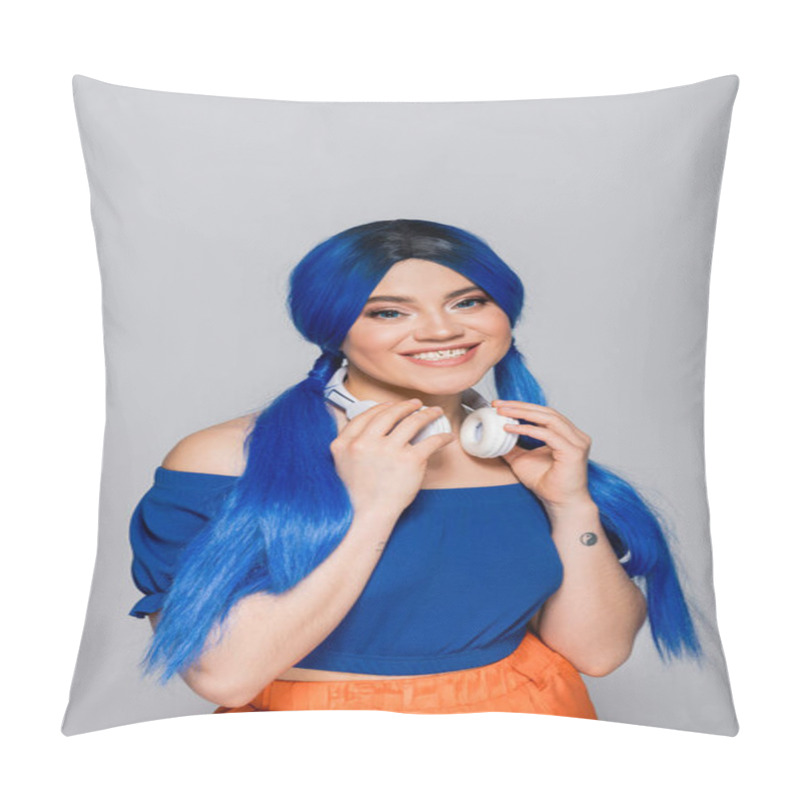 Personality  Music Lover, Cheerful Young Woman With Blue Hair And Wireless Headphones Smiling On Grey Background, Vibrant Youth, Individualism, Modern Subculture, Self Expression, Tattoo, Sound  Pillow Covers