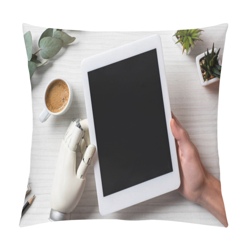 Personality  Partial View Of Businessman With Prosthesis Arm Using Digital Tablet With Blank Screen At Table With Coffee Cup In Office  Pillow Covers