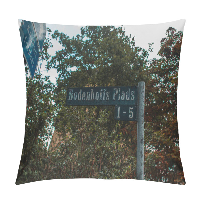 Personality  Signboard With Name Of Street With Trees And Sky At Background, Copenhagen, Denmark  Pillow Covers