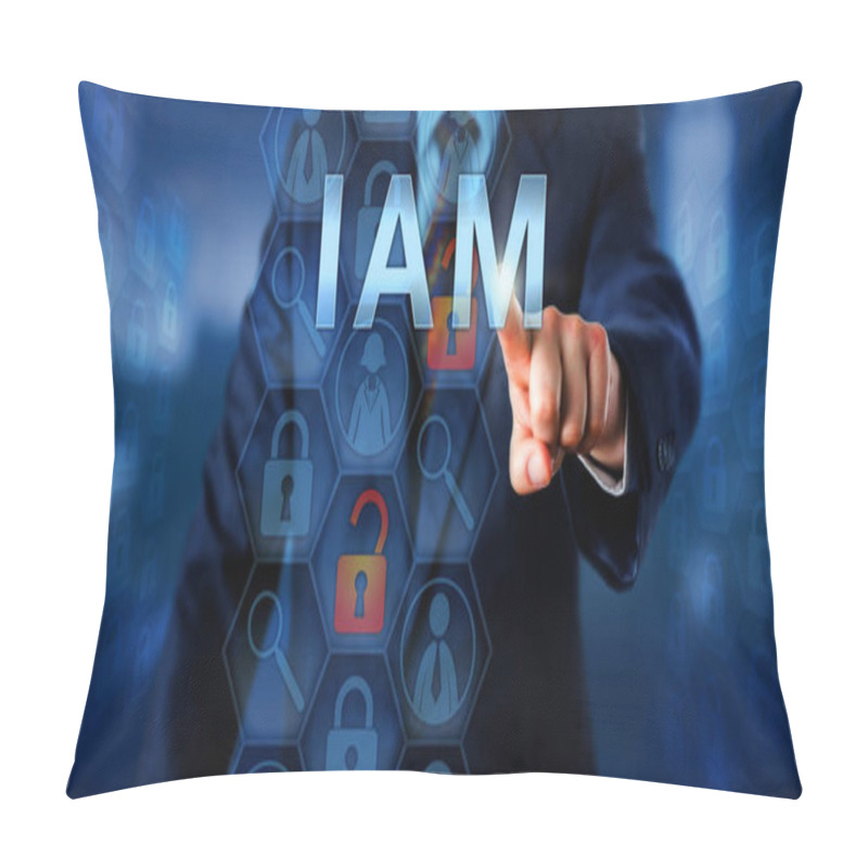 Personality  Security Manager Is Pushing IAM On A Touch Screen Interface. Information Technology Security Concept For Identity And Access Management That Is Controlling Access Rights To Data Resources. Pillow Covers