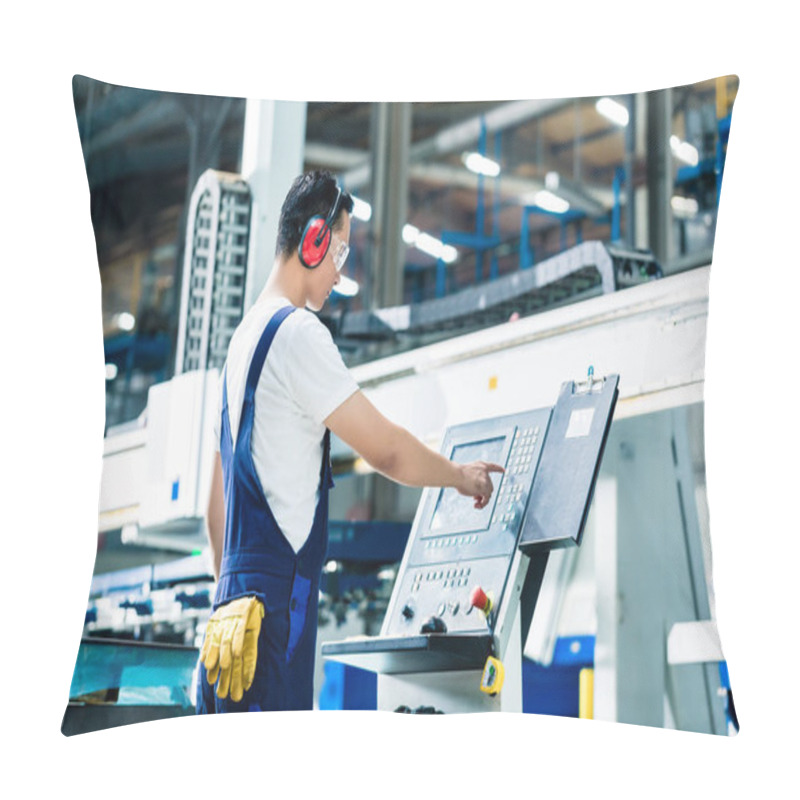 Personality  Worker Entering Data In CNC Machine At Factory Pillow Covers