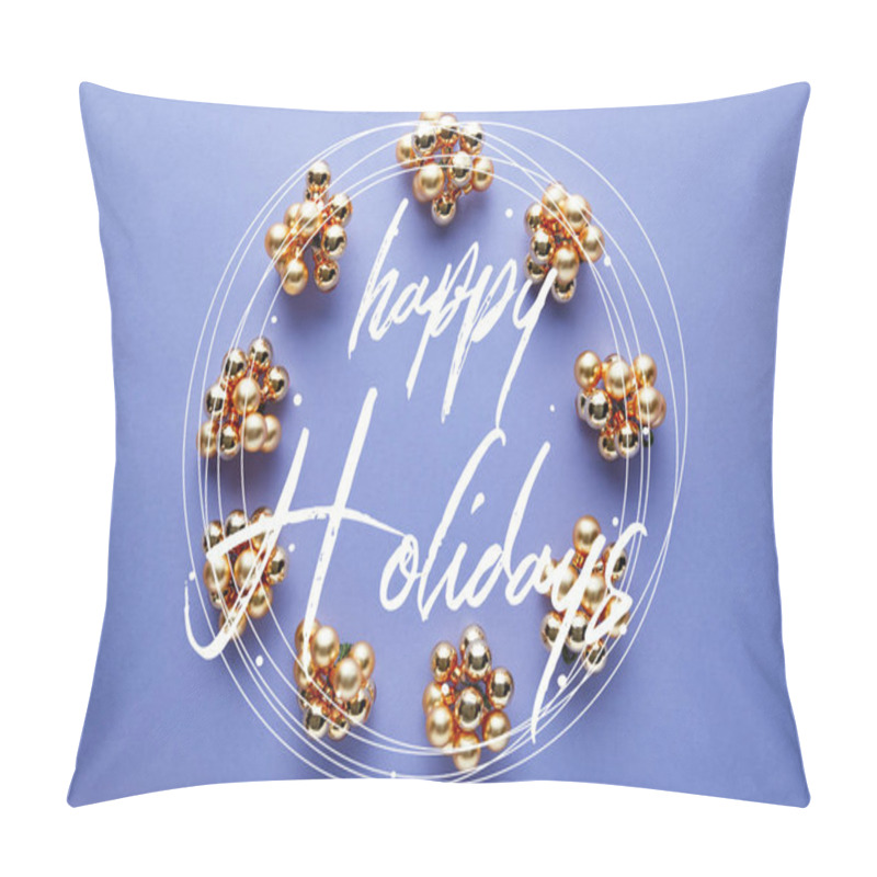 Personality  Round Frame Of Shiny Golden Christmas Decoration On Blue Background With Happy Holidays Lettering Pillow Covers