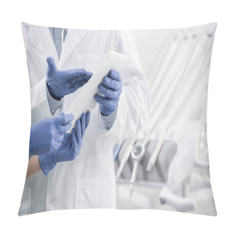 Personality  Cropped View Of Dentists Standing With Digital Tablet In Dental Clinic Pillow Covers