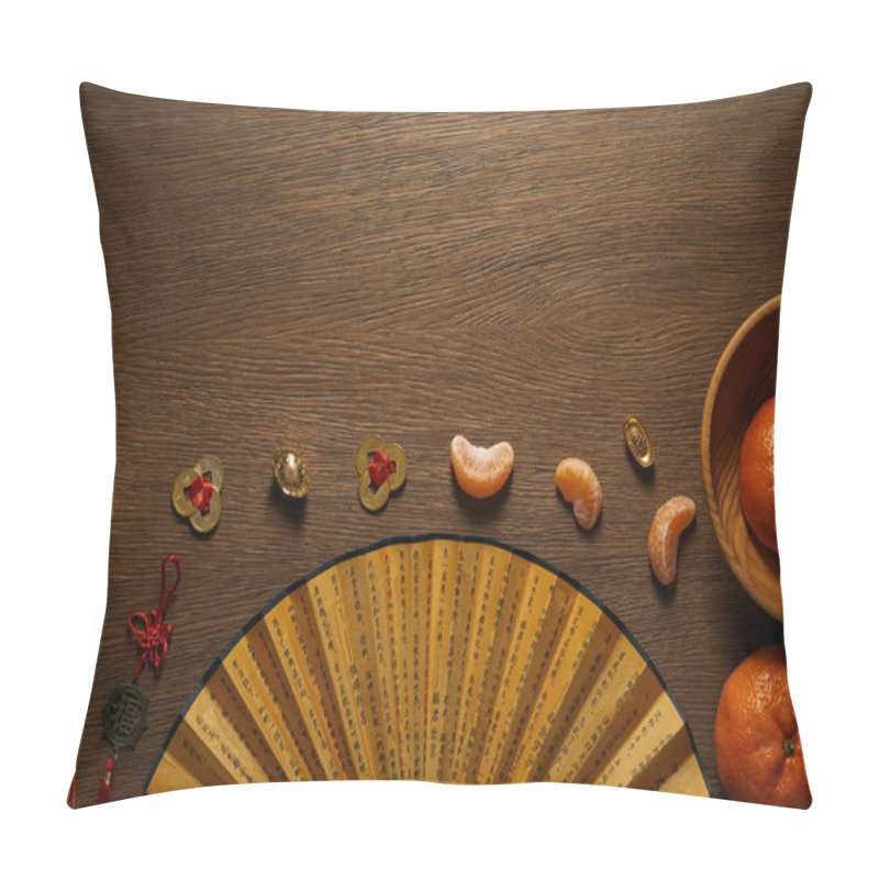 Personality  Top View Of Fresh Ripe Tangerines, Cup Of Tea, Fan With Hieroglyphs And Golden Coins On Wooden Table  Pillow Covers