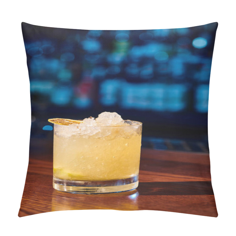 Personality  Glass Of Icy Refreshing Caipirinha With Lemon Garnishing With Bar On Backdrop, Concept Pillow Covers